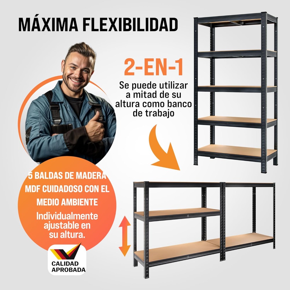 2X Estanterías Métalliques 180x90x40cm 1750 Kg Cargas Pesadas Almacenaje Garage Tableros MDF Plus Grand