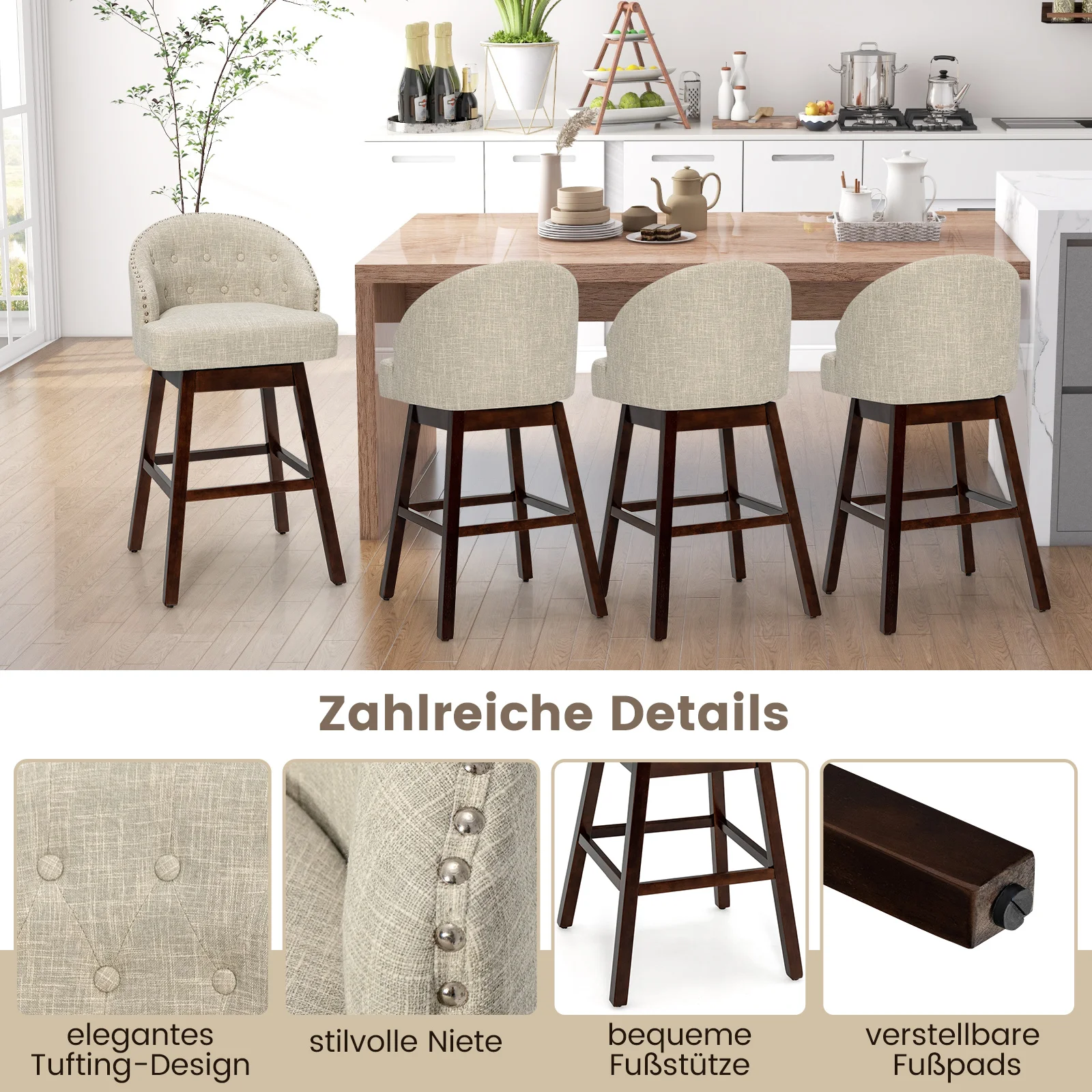 Barhocker 2er Set, Barstuhl 360° drehbar, Küchenhocker mit Lehne und Fußstütze, Sitzhöhe 78cm, Stuhl modern, ideal für Bar