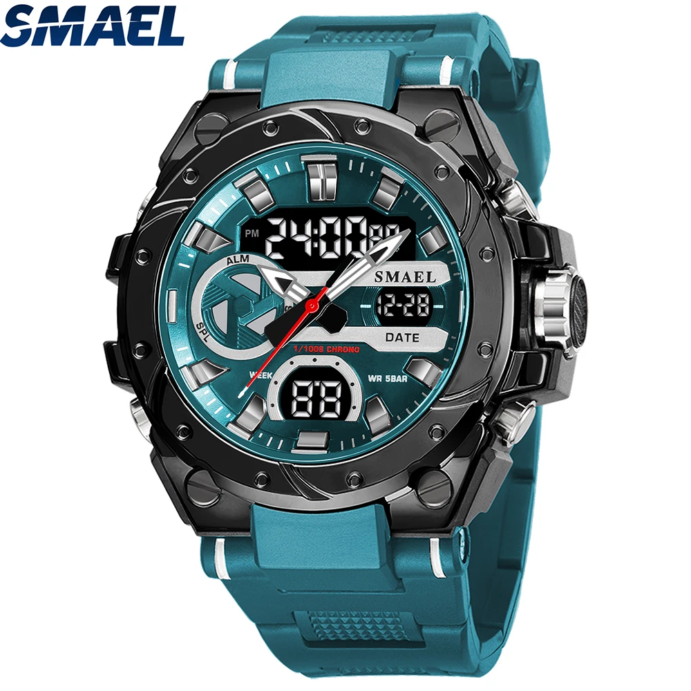 Relojes deportivos marca SMAEL 50M relojes con pantalla de doble horario a prueba de agua LED 8029 cronómetros alarma relojes de pulsera multifuncionales para hombres