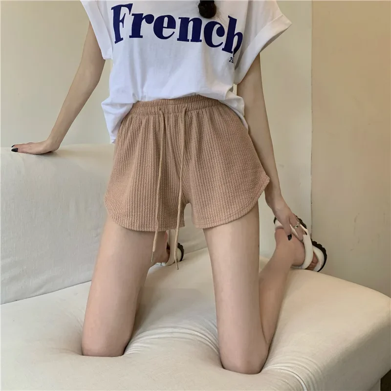 높은 탄성 여성 반바지 여름 Drawstring 반바지 넓은 다리 짧은 피트니스 러닝 반바지 루즈 캐주얼 플러스 사이즈 스포츠 바지