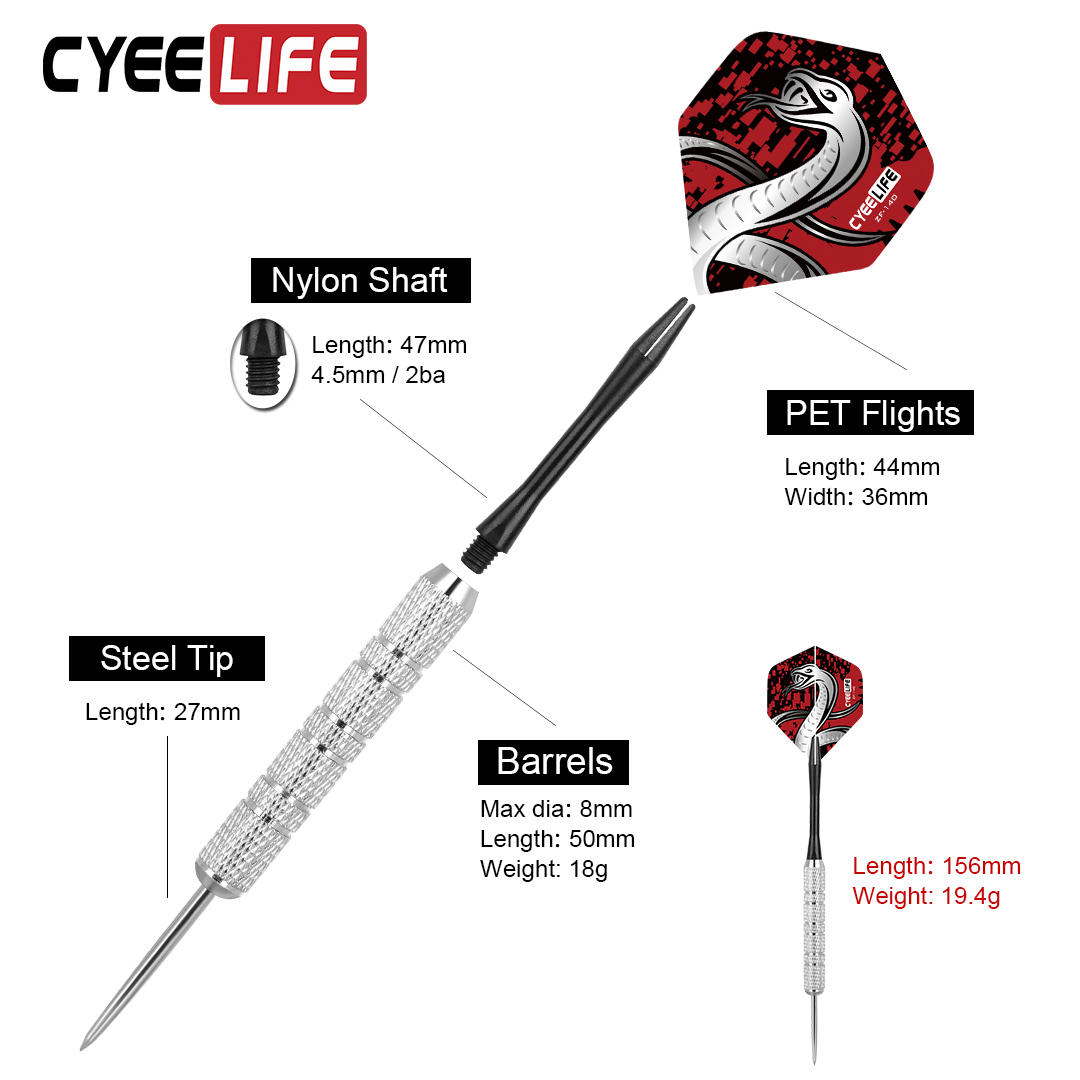 CyeeLife Darts mit Stahlspitze und Aluminium-Nylonschaft, Spitzer, 12 Stück, 20 g, 30 Stück Flüge, 1 Stück