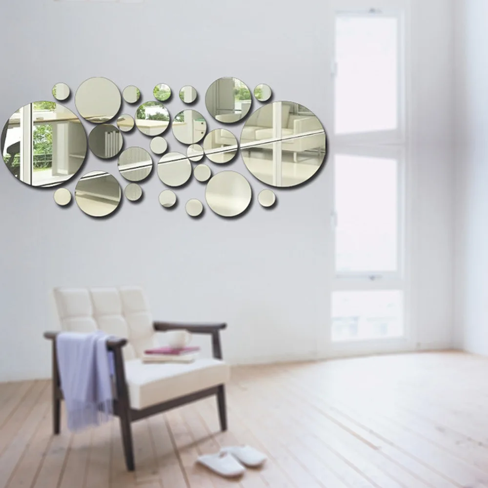 Conjunto de adesivos de parede de espelho acrílico 3d, 26 peças, adesivo redondo, painel decorativo reflexivo para sala de estar, quarto, decoração de fundo de tv