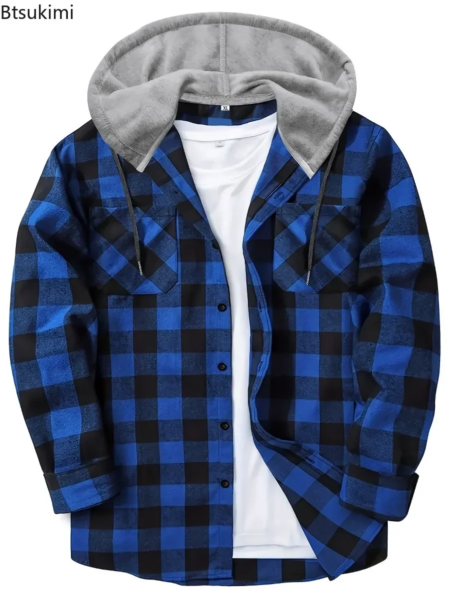 Frühling Herbst männer Plaid Shirts Lose Beiläufige Lange Ärmel Hemd Jacken Mode Mit Kapuze Strickjacke Mäntel Einfache Sport Tops für männer
