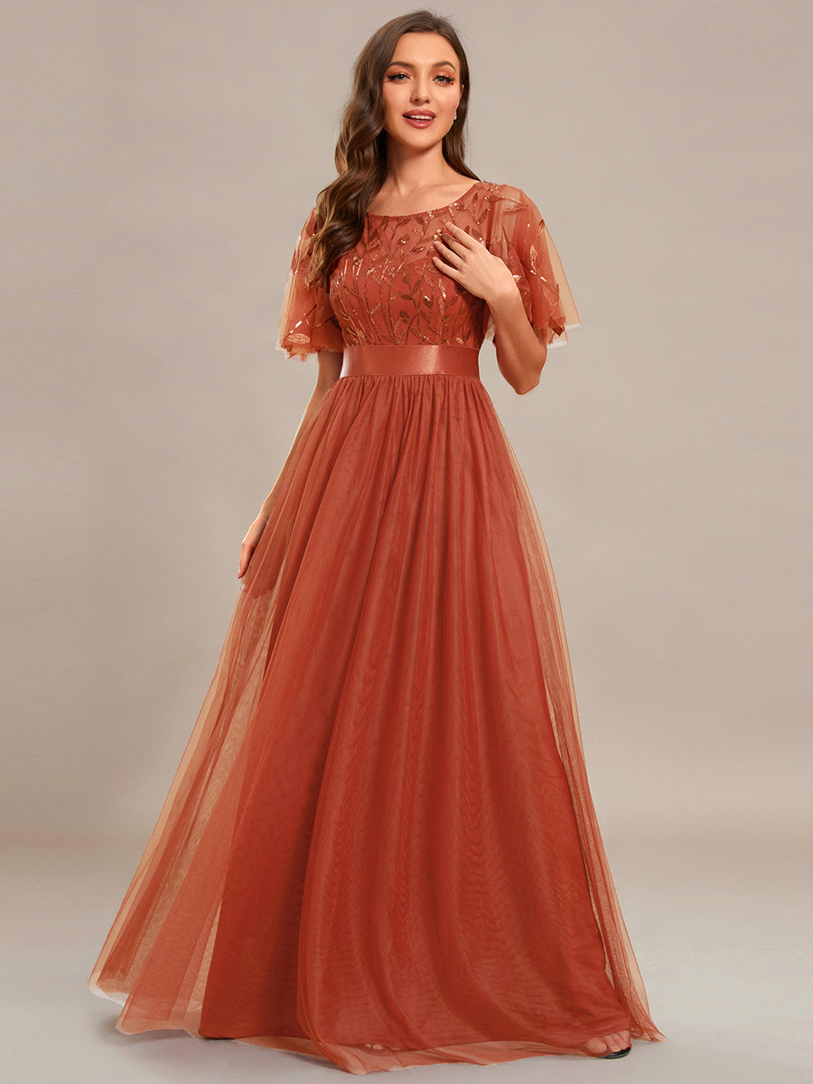 Vestidos de noite elegantes com estampa de lantejoulas maxi longo com manga boné linha A 2025 Ever Pretty of gaze vestido de dama de honra laranja queimado