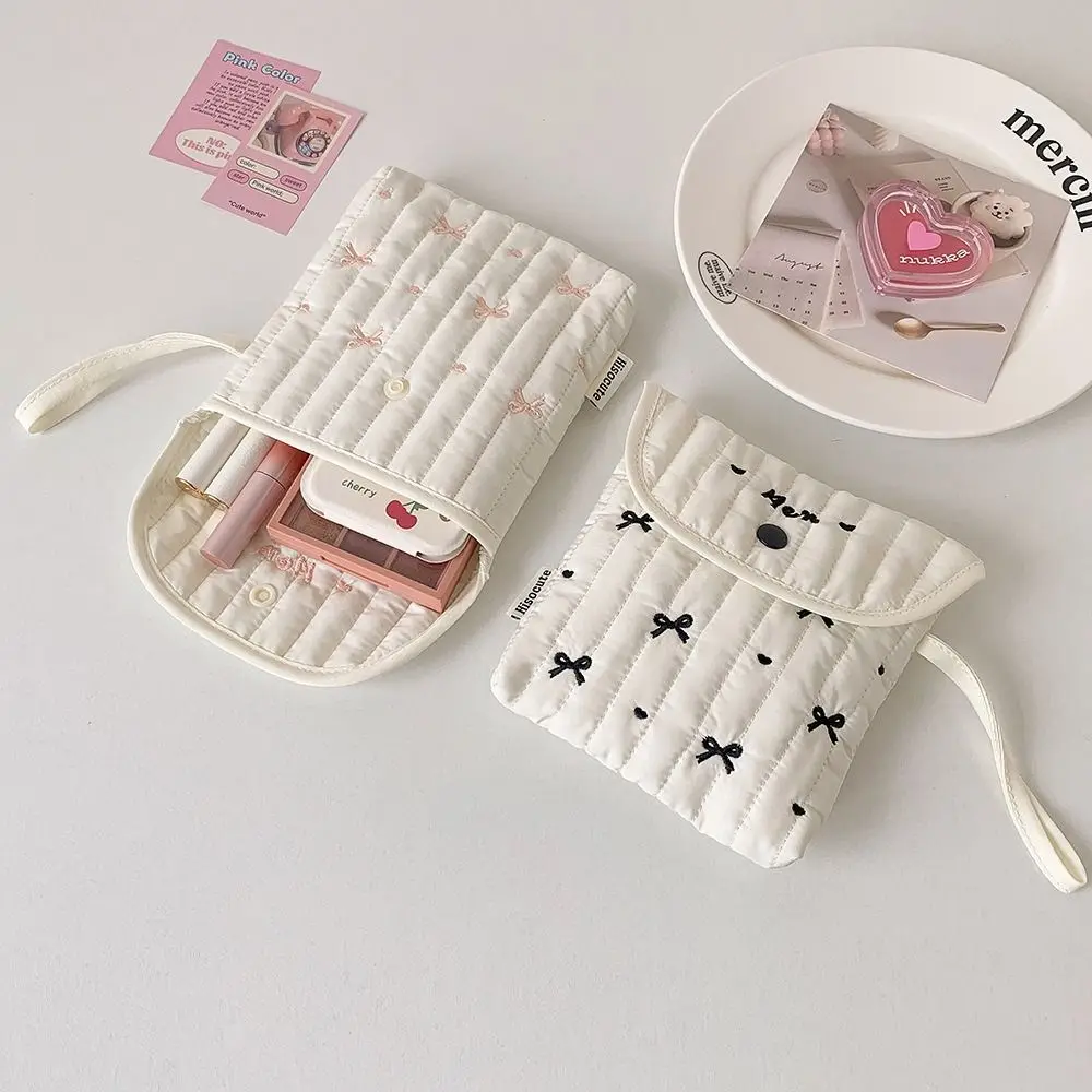Large Capacity Embroidery Cherry Cosmetic Bag Bowknot Cotton Cloth Bow Makeup Bag Small Item Bag Menstruation Towel Storage