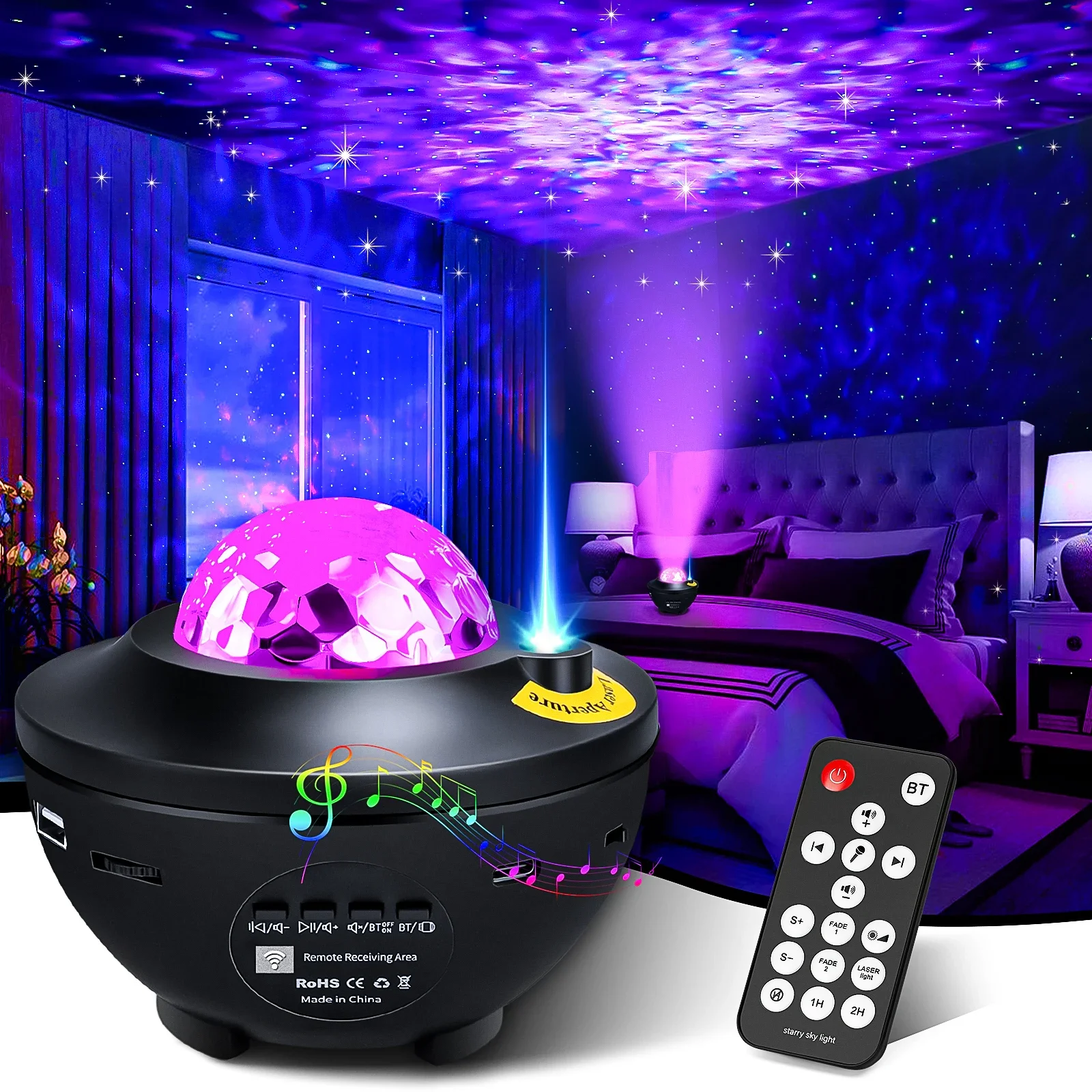 Proyector estrellado, luz nocturna de galaxia, Bluetooth, reproductor de música USB, luz nocturna de estrellas, proyector romántico de océano, lámpara de noche, regalos