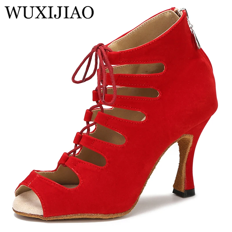 Czarne buty do tańca latynoamerykańskiego Kobiety Tango Salsa Rumba Ballroom Satin Dance Boots Kobiety Red Sexy Pole Dance Shoes Ladies High Heels