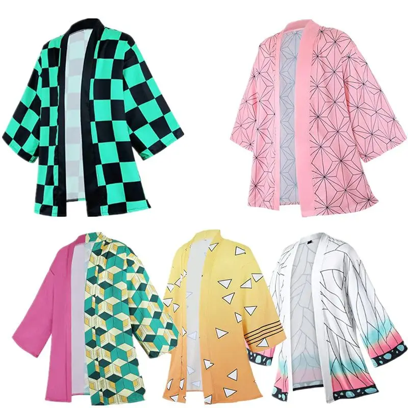 อะนิเมะ Kamade Zezeko สีชมพูผู้หญิงกิโมโนเสื้อสเวตเตอร์ถักฤดูร้อน Kamado Tanjirou สีเขียวสีดํา Checkered ผู้ชายญี่ปุ่นเสื้อคลุมฮาโอริ Coat