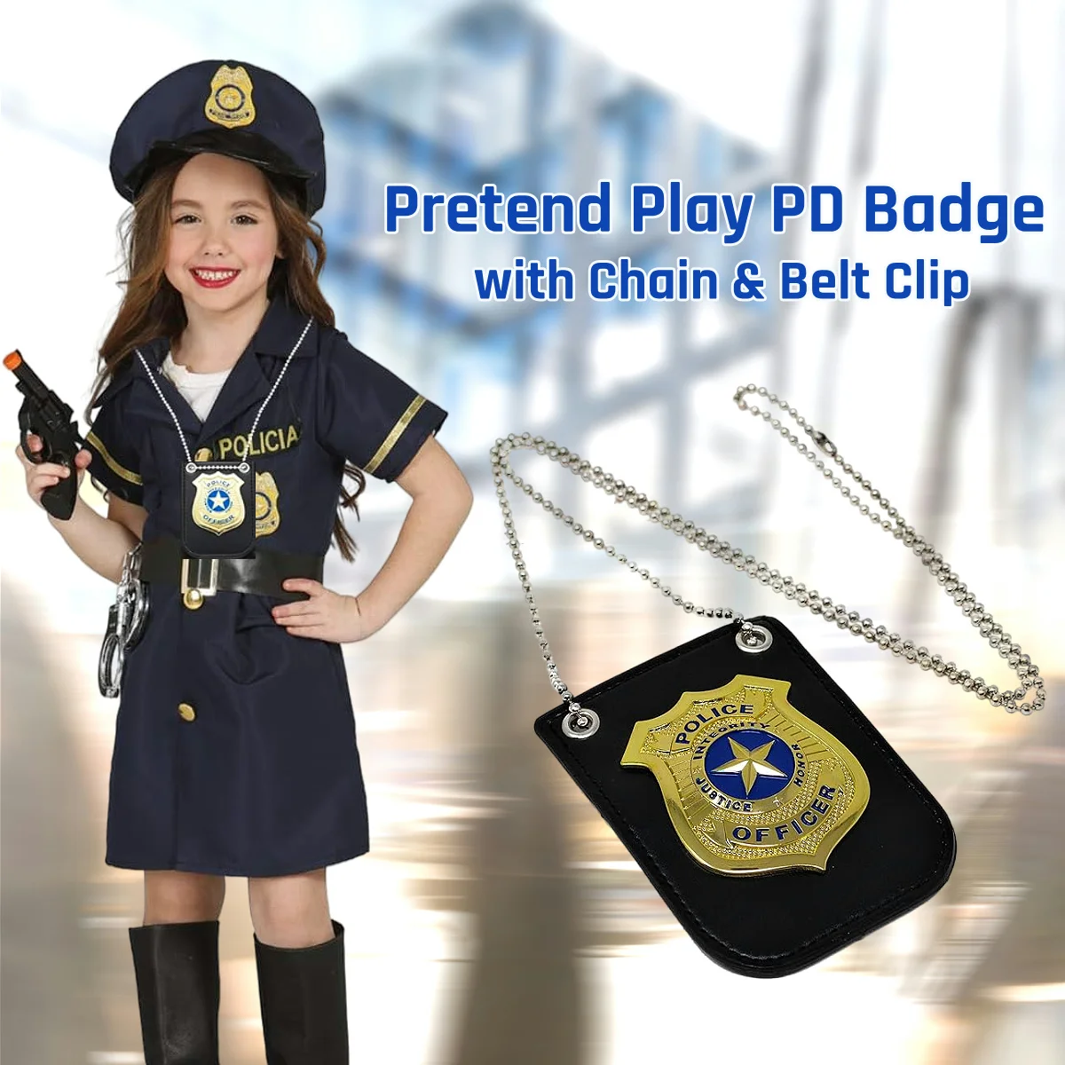 ป้ายตํารวจสําหรับเด็ก - แกล้งเล่นเครื่องแต่งกายเกียร์นักสืบ FBI Agent Swat Cop ของเล่นอุปกรณ์เสริม, โซ่และผู้ถือคลิปเข็มขัดสีดํา
