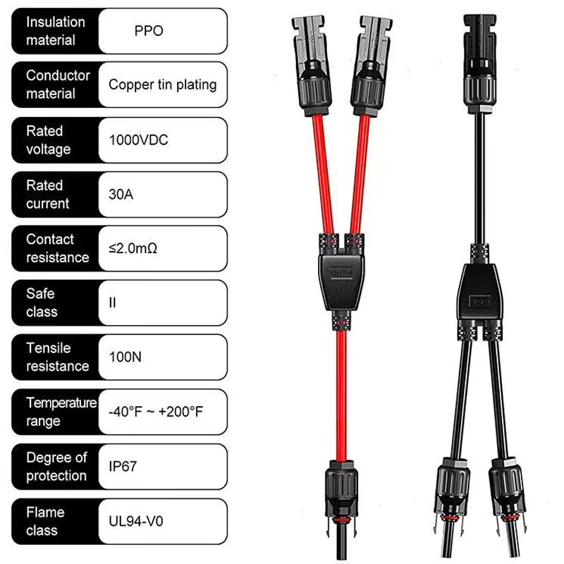 Power Solar Connectors 30A Y-Zweig-Kabel, Solarkabel Paralleladapter im Paar für Solarpanel 1*M/FF+1*F/MM schwarz rot Power
