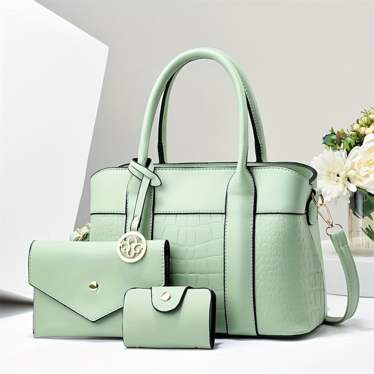 Conjunto de bolsa da moda: sacola com padrão de crocodilo, bolsa de ombro e embreagem, bolsa de couro PU texturizada