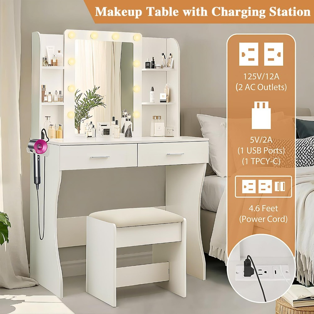 Vanity Desk with Mirror and Lights, Power Outlet & Hair Dryer Rack, 2 Drawers and 6 Storage Shelves, Cushioned Stool, Vanities