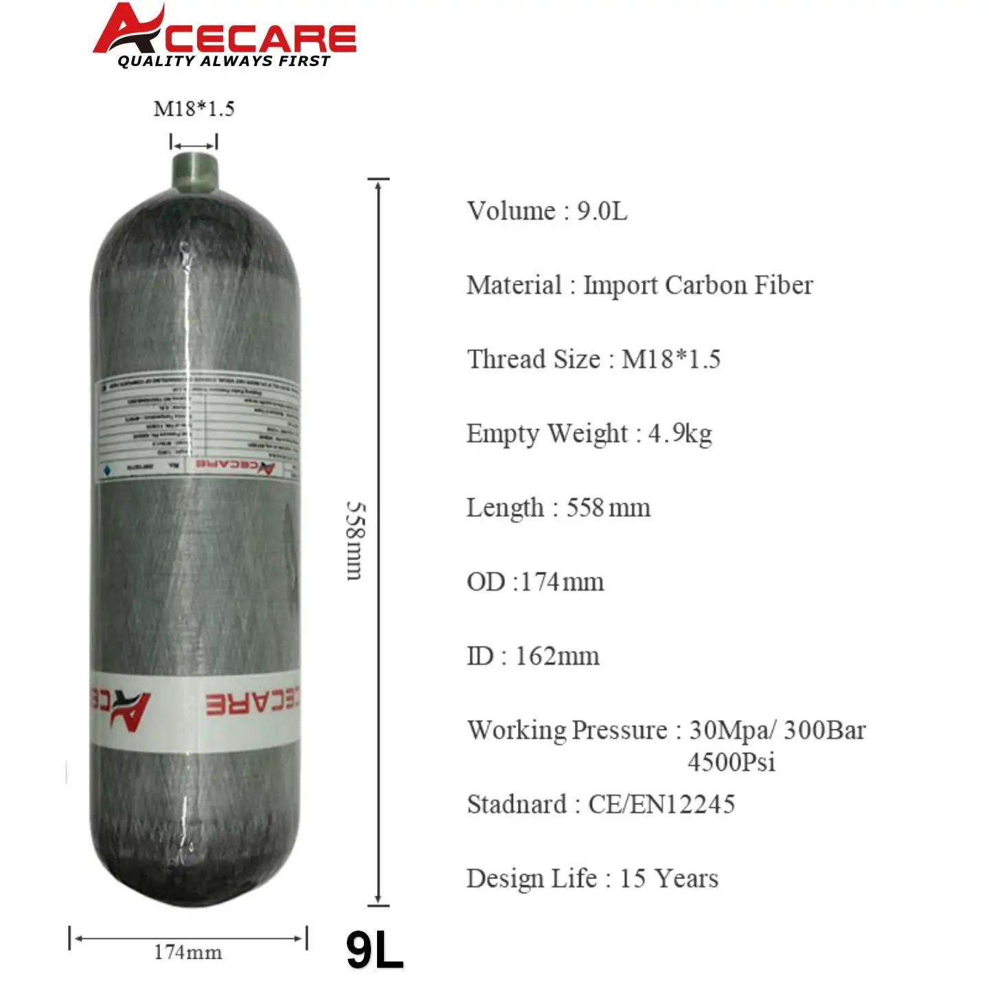 ACECARE 9L Cilindro in fibra di carbonio con sacchetto cilindrico 300Bar 4500Psi Serbatoio ad alta pressione per immersioni subacquee