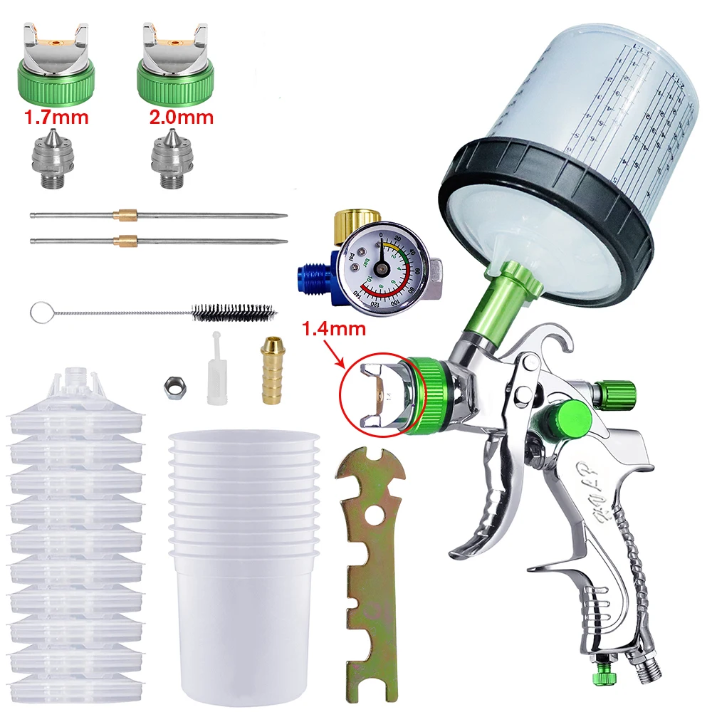 Pistola de pulverización HVLP, aerógrafo de gravedad con boquilla de 1,4/1,7/2,0mm para herramienta de pintura de coches, 10 Uds., 600ml, taza medidora desechable sin limpieza