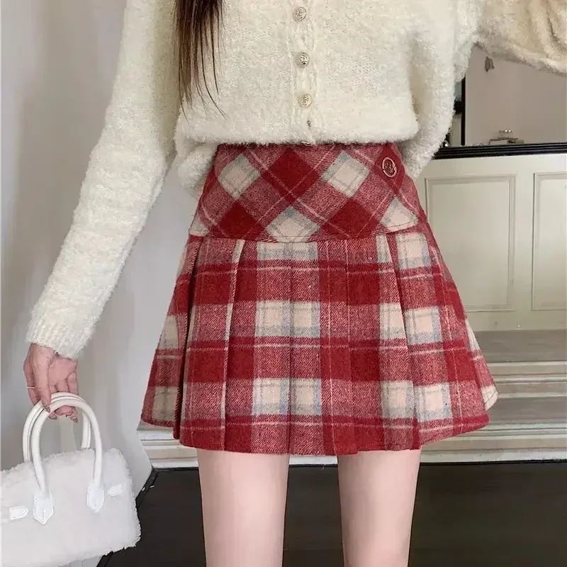 Deeptown saia de lã xadrez vintage kawaii doce moda coreana mini saias estilo preppy bonito outono inverno retalhos saias curtas