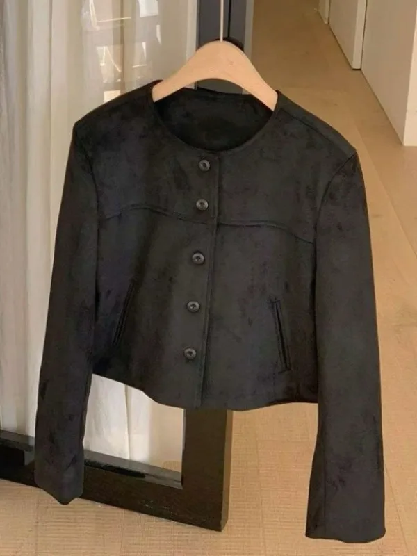 Retro camurça ort jaet feminino hong kong sle chique alto design sensação emagrecimento tamanho pequeno único botão jaet topo