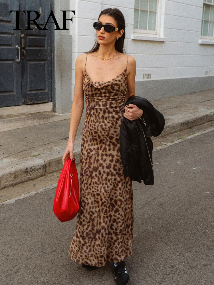 Trafza 2024 mulheres verão vintage leopardo impressão vestido sem mangas sem costas suspender feminino fino casual praia festa vestido longo