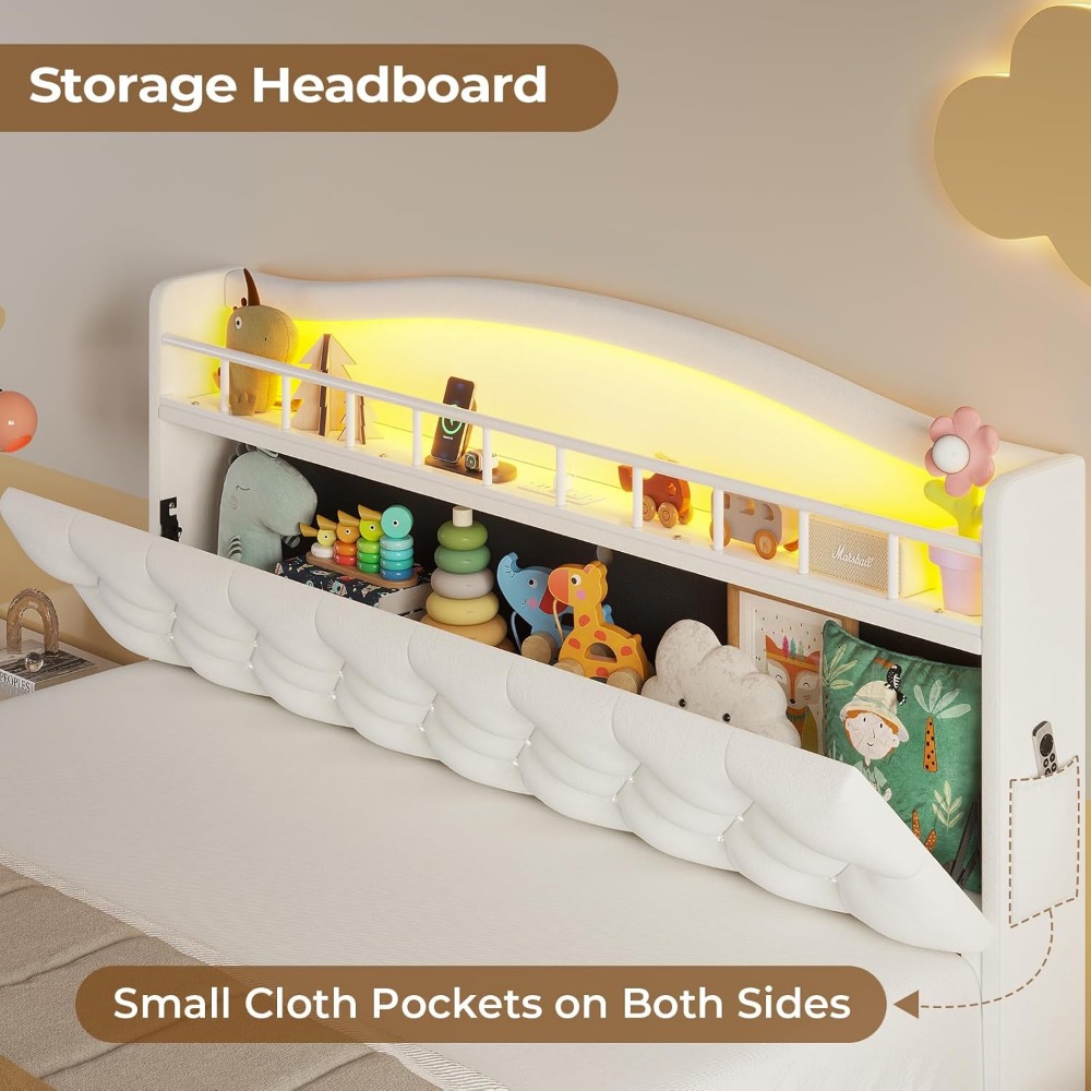 Full Bed Frame with LED Lights, Princess Velvet Upholstered Platform Bed for Girls, Headboard with Charging Station & Guardrail