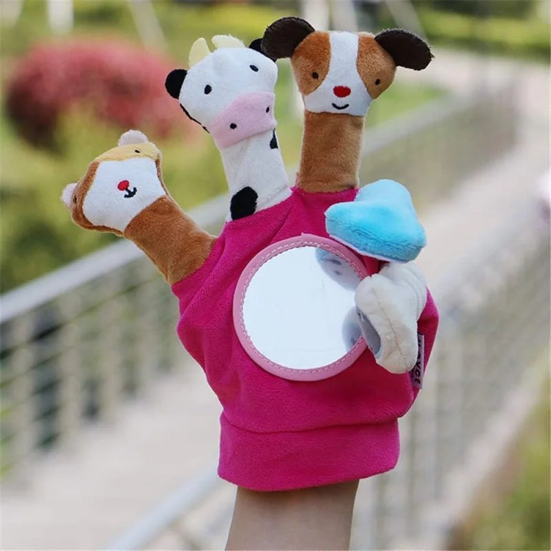 Cartoon Animal Toddler Puppet Plush Finger Toy With Safety Mirror Children Educational Hand Puppet ParentChild Interactive Glove