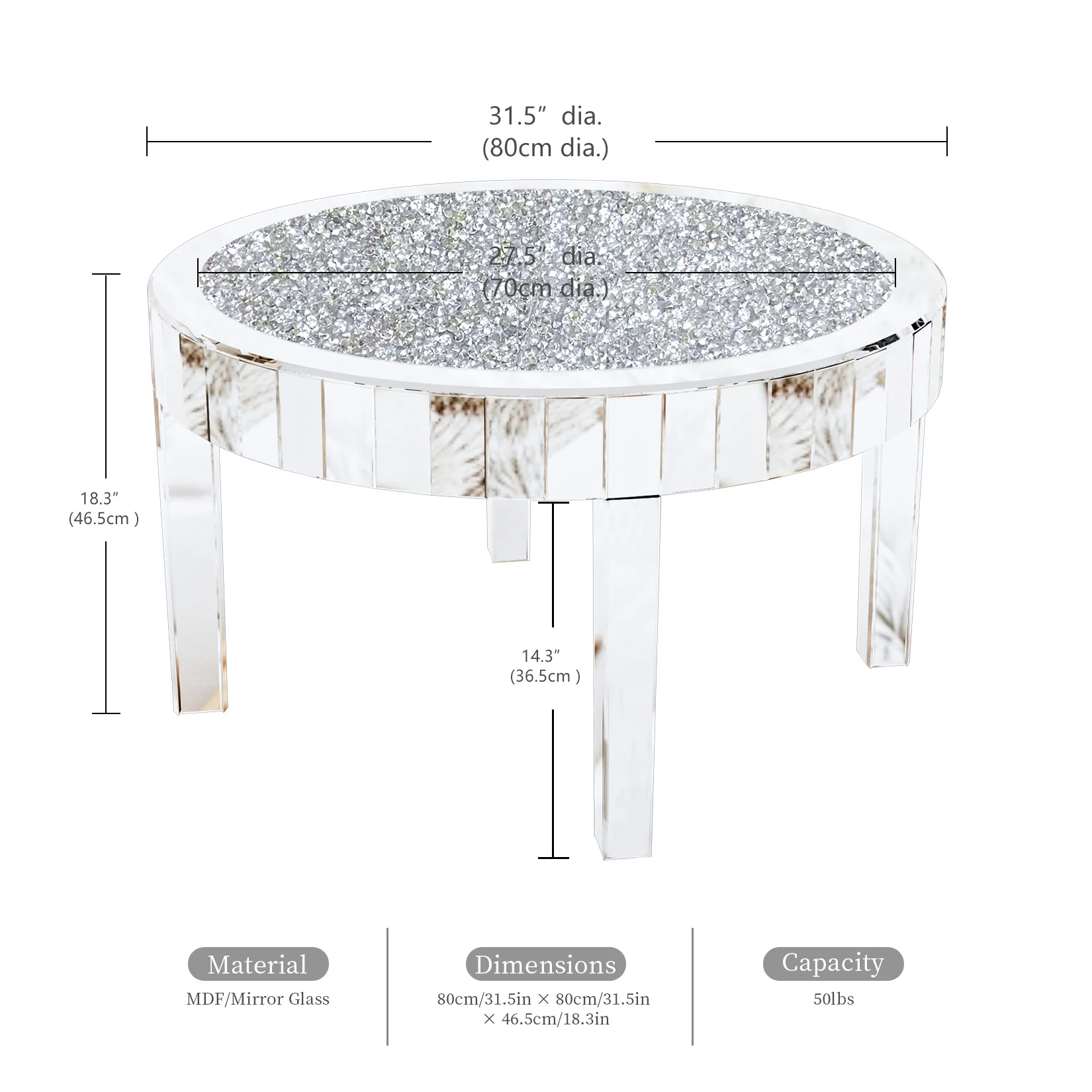 Mirrored Coffee Table with Crystal Inlay, 31.5'' Modern Round Coffee Table with Mirror Surface, Silver Accent Table Living Room