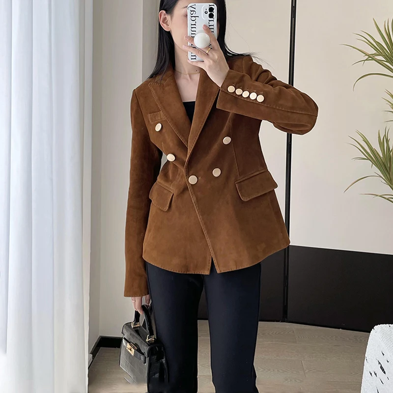Importierte Wildleder-Schaffell-Jacken, Mäntel, 2025, Frühling und Herbst, Retro-Braun, Damen, 100 % echtes Leder, schlanke Taille, kurze Blazer-Jacken, Neu