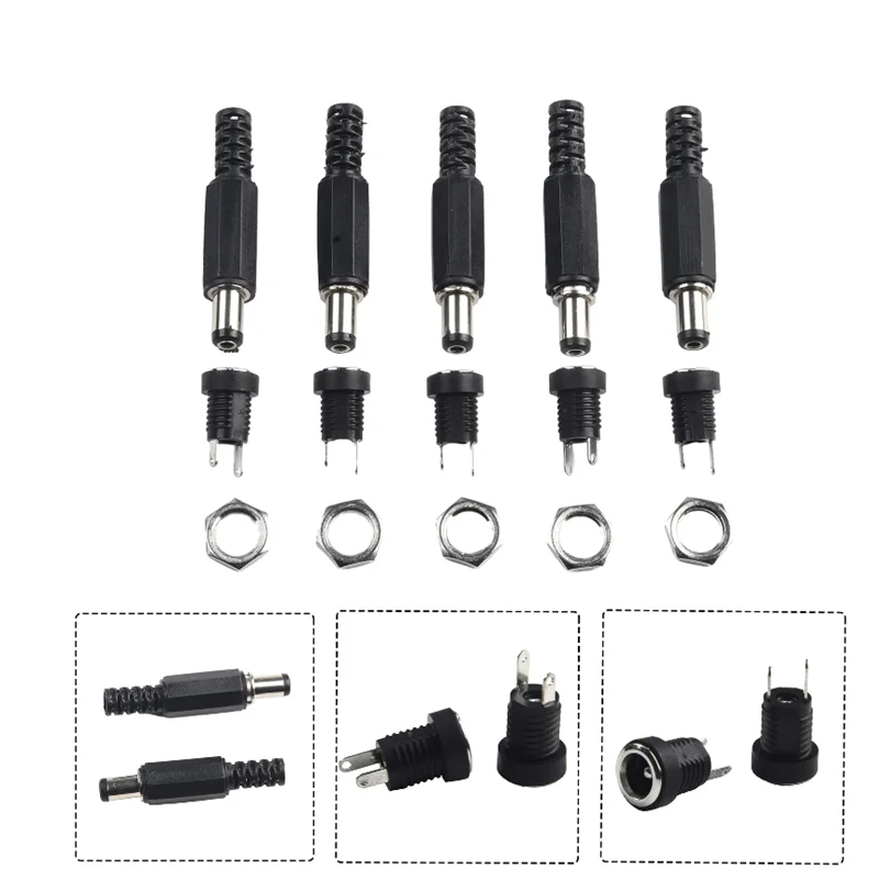 5 pares DC 12V macho hembra enchufe montaje en Panel barriles Jack conector de alimentación hembra Jack tornillo tuerca conector de montaje en Panel