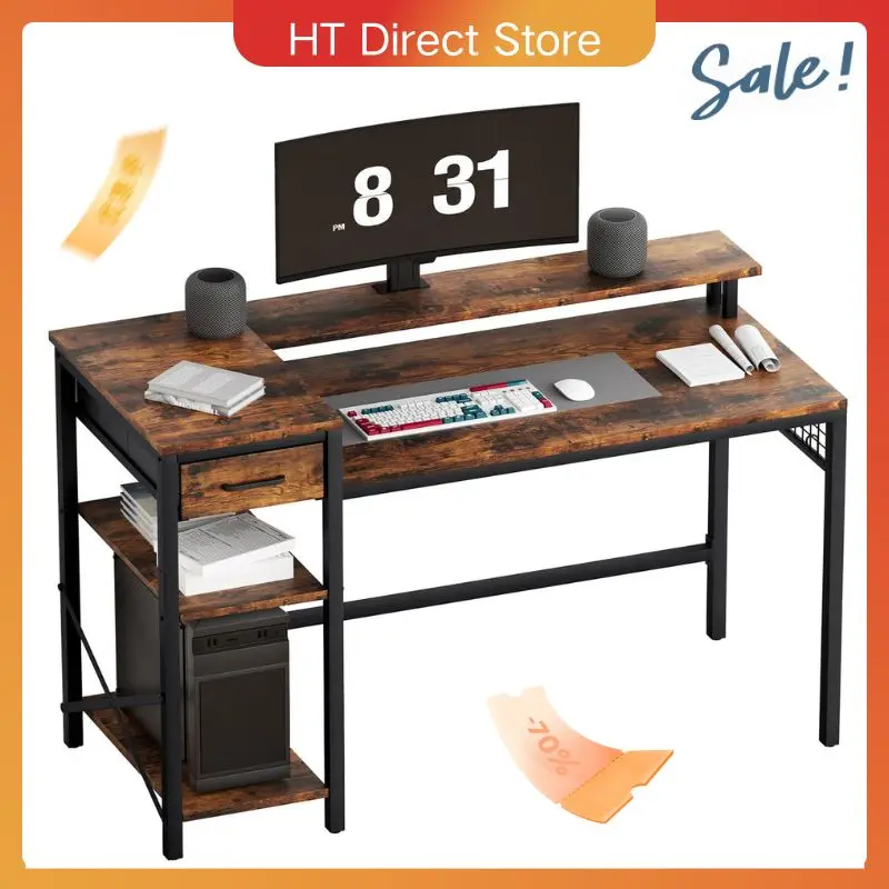 Bureau d'angle en chêne et thé, table PC en forme de L de 120 cm avec étagères réglables et design vintage, table de bureau/jeu