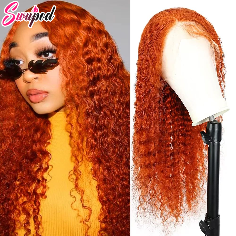 Swupod-Transparente HD Lace Front Wig para Mulheres, Onda Profunda, Remy Cabelo Humano, Ginger Cor Laranja, Glueless, 13x4, 13x6, 200 Densidade