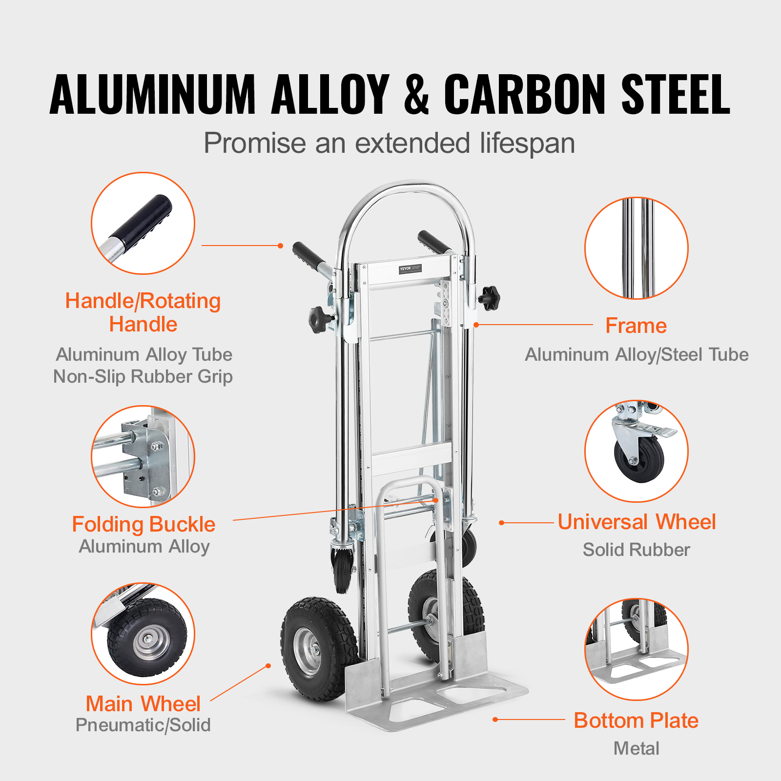 VEVOR-Alumínio Folding Hand Truck, Industrial dobrável Dolly Cart, adequado para transporte e movimentação em armazém e supermercado