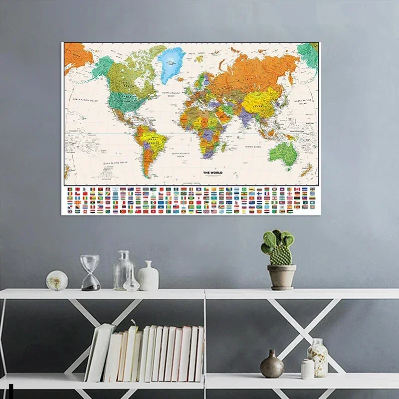 Mapa del mundo de 150x100cm, cuadro decorativo colgante, pintura, póster artístico de pared, tela no tejida, suministros educativos para niños