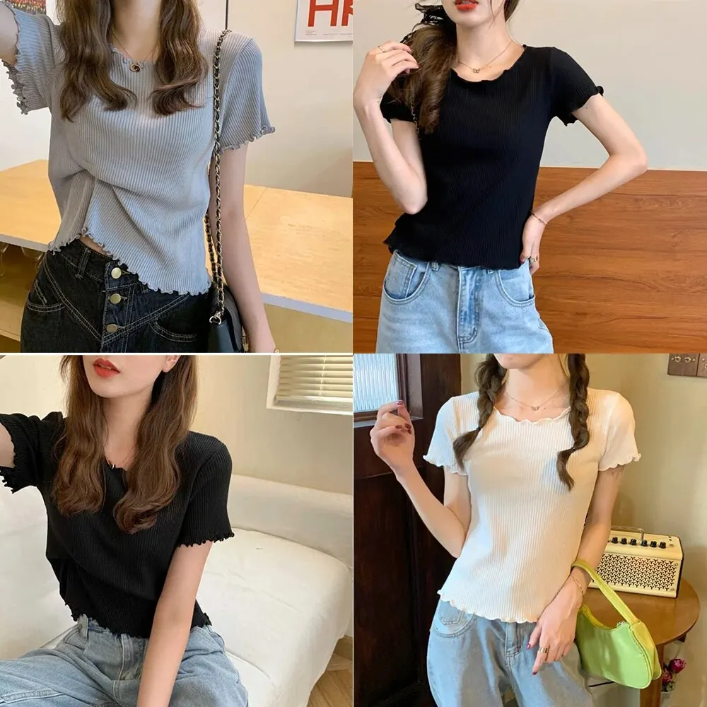 木製の耳が付いたヴィンテージのリブ編みのショートトップ,スリムフィットのTシャツ,ニットTシャツ,半袖Tシャツ,春と夏