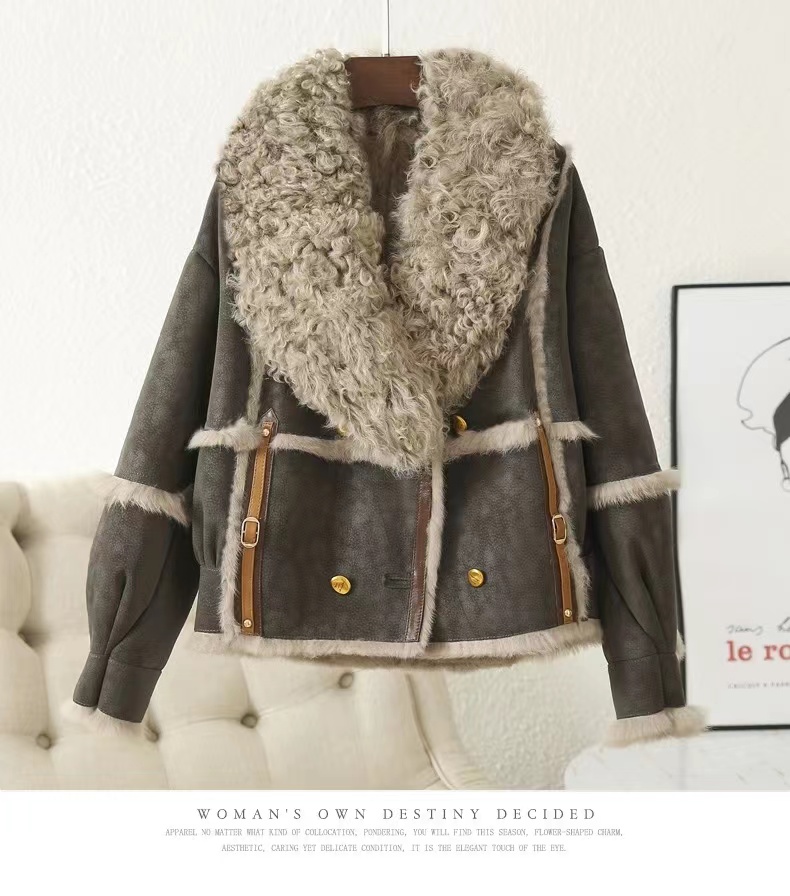 用シープスキンジャケット2024,用ショートファー,生地100% ウサギのの裏地,ウールの襟