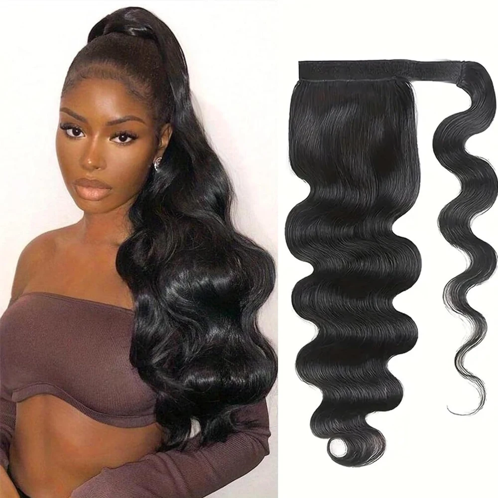 Rabo de cavalo onda do corpo cabelo humano envoltório em torno de rabo de cavalo 100% extensões de cabelo remy extensões de cabelo brasileiro cor natural para mulher
