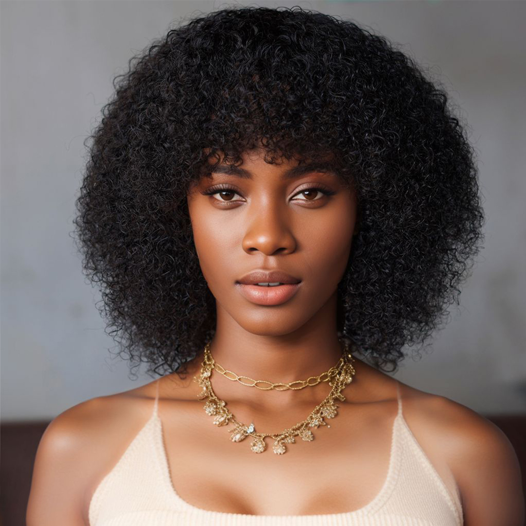 12 Inch Afro Kinky Curly Bob Wig, With Bangs Curly Pixie CutGlueless Wigs Machine Made Brazilian Human Hair Wigs, For Black Wome