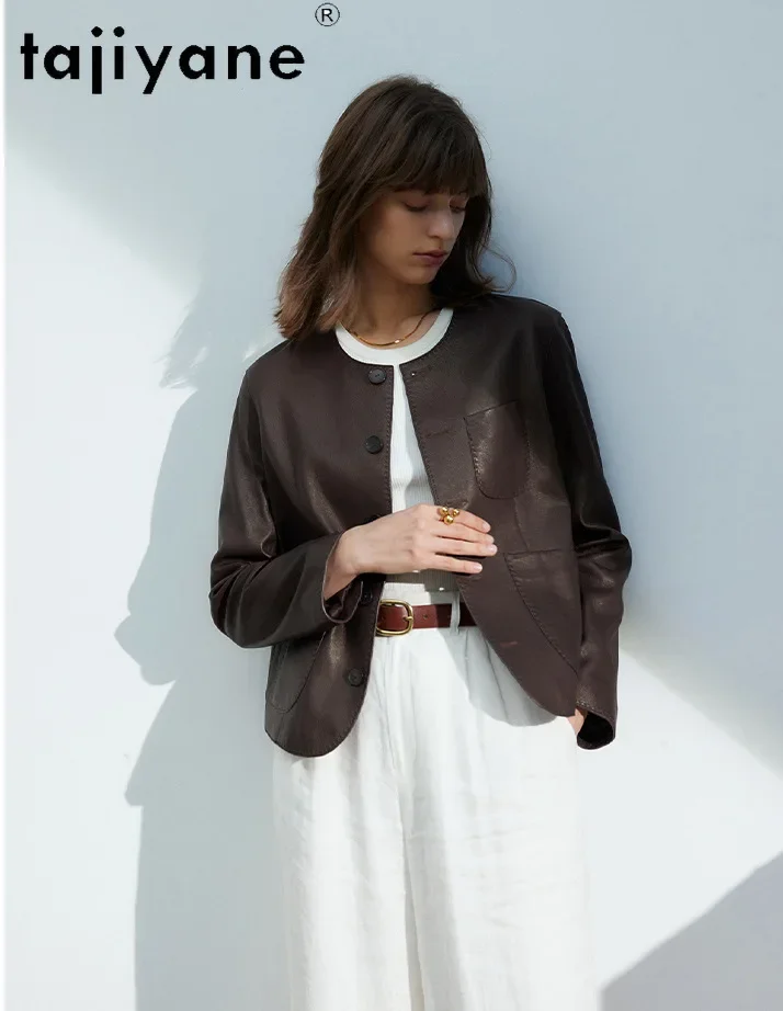 Tajiyane-女性用の本革ジャケット,本物のシープスキンコート,ショートコート,高品質,秋の服,ファッション,2024