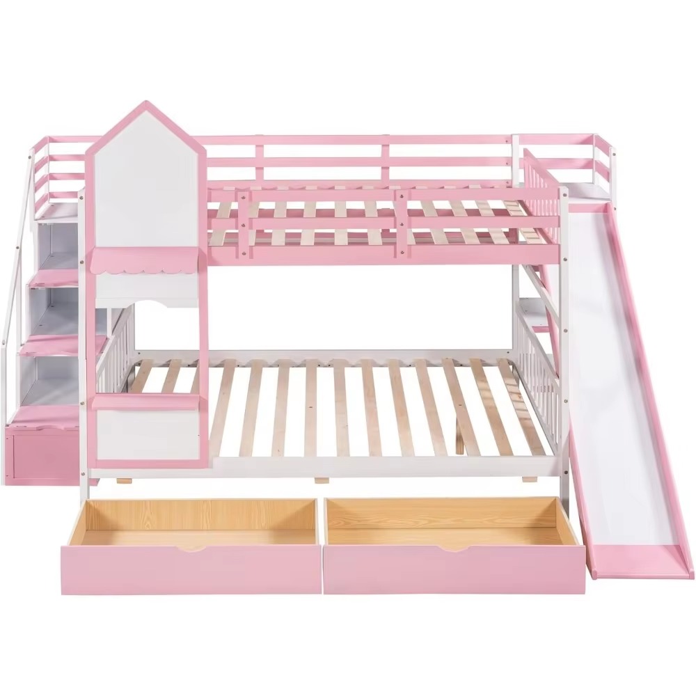 Full-Over-Full Pink Bed,Castle Style Bunk Bed with 2 Drawers and 3 Shelves,Solid Wood Bunk Beds with Slide and Storage Staircase