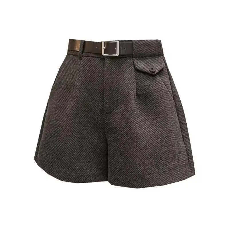 2024 neue Damen-Wollshorts, A-Linie, lockere, hoch taillierte, lässige, dicke Stiefelhose für Herbst und Winter, bequemer Bootcut-Schwarz