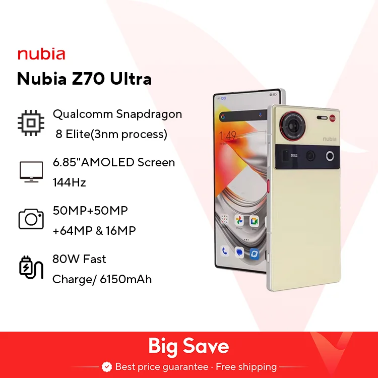 Nubia Z70 Ultra Smartphone 5G Snapdragon 8 Elite 6,85 144 Hz OLED-Bildschirm 6150 mAh Akku 64 MP Kamera Android 15 NFC IP68 & 69 Gl
