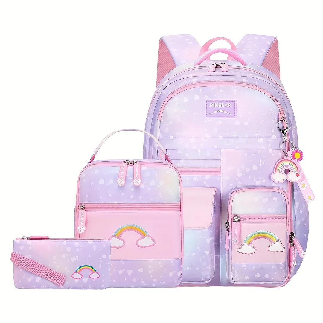 Set di zaini scolastici da 3 pezzi con ricamo arcobaleno Borse da scuola per bambini con gradiente elementare impermeabili in nylon di alta qualità