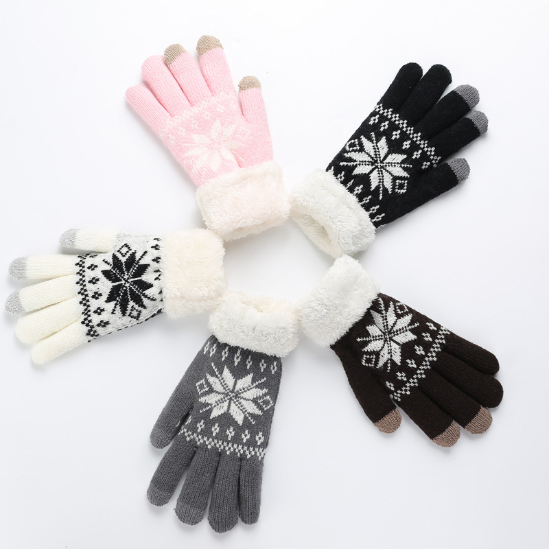Rimiut grosso cashmere duas camadas luvas de inverno para mulheres floco de neve padrão de malha dedo cheio esqui & luva tela toque