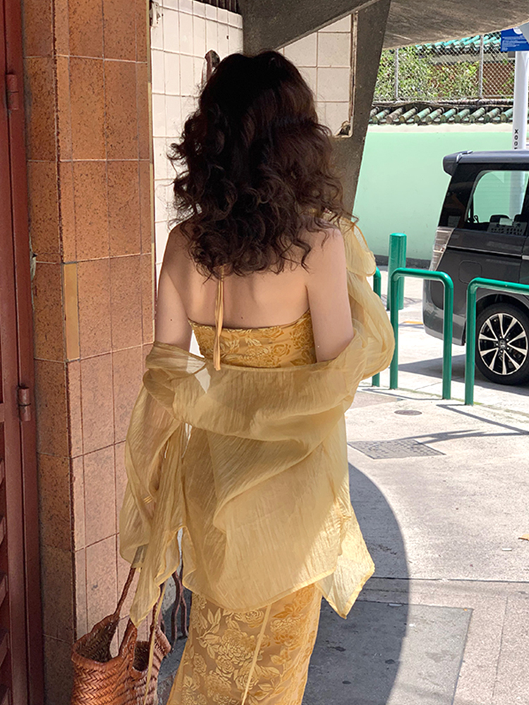 Cardigã de proteção solar leve f boêmio de verão sem mangas com decote em V manga crida com vestido de alça