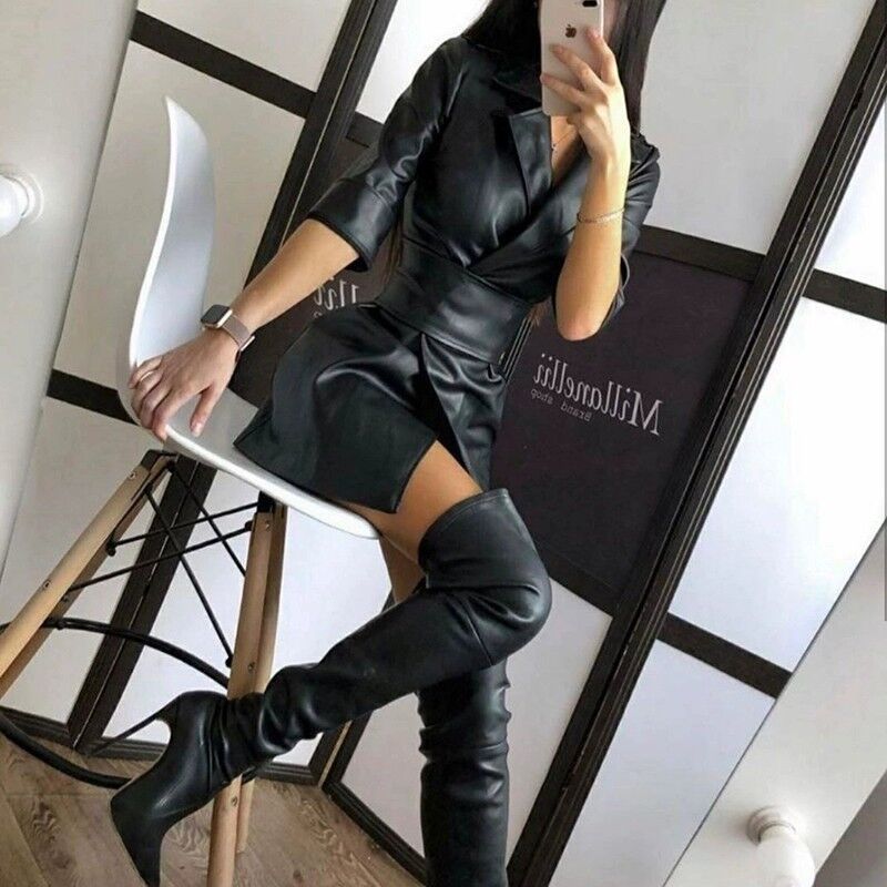 Herbst Winter High-taille Straße Einfarbig Pu Leder Anzug Kragen Lange ärmeln Frauen Kleid Leder Jacke Einschließlich gürtel