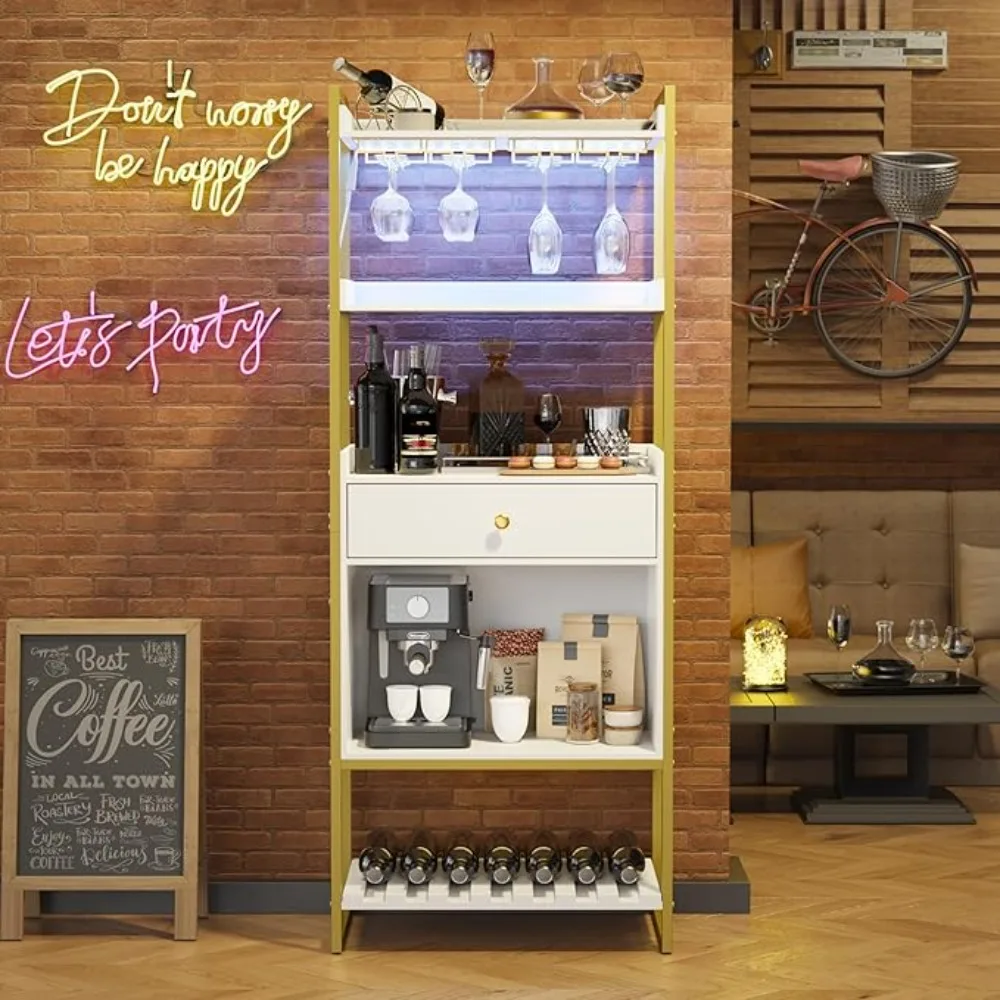 LED Wine Bar Cabinet with Glass Rack and drawer for Home, Dining and Living Room, 67" Liquor Cabinet Wine Rack Storage