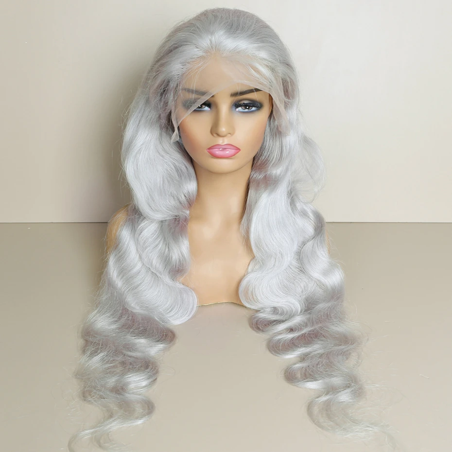 13x6 Parrucche Anteriori Del Merletto di Colore Grigio Argento Per Le Donne 613 Bionda Dell'onda Del Corpo di Remy Parrucca Frontale Del Merletto Trasparente Dei Capelli Umani Pre Pizzicate