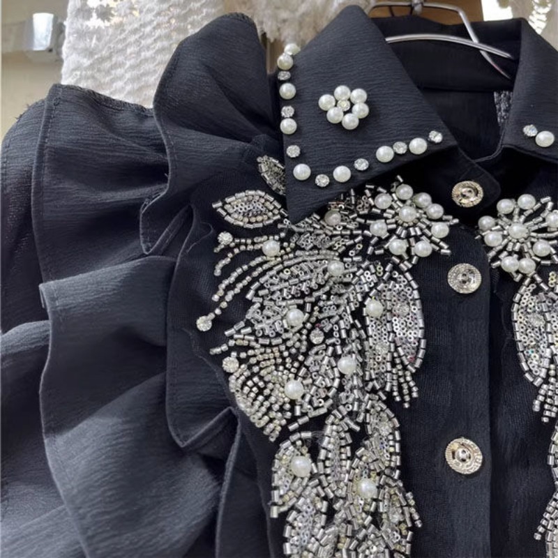 Neploe ヘビービーズスパンコールウィングシャツ女性のための 2024 新しいラペルネック黒ブラウス Y2k 長袖フリル Blusas Mujer