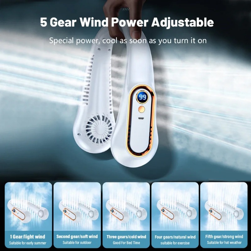 Nacken-Ventilator ohne Flügel, Mini, extrem lange Lebensdauer, tragbar, fauler, leiser Ventilator, USB-Aufladung, für Studenten, Sport, Büro, Digitalanzeige, Stromversorgung 5-Gang