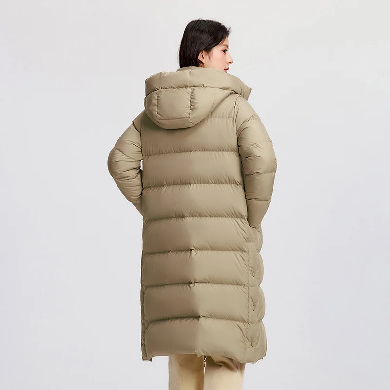女性用セミルダウンジャケット,ロング,フード付き,スリット,ルーズ,撥水,グースダウン服,冬,新しいコレクション2024