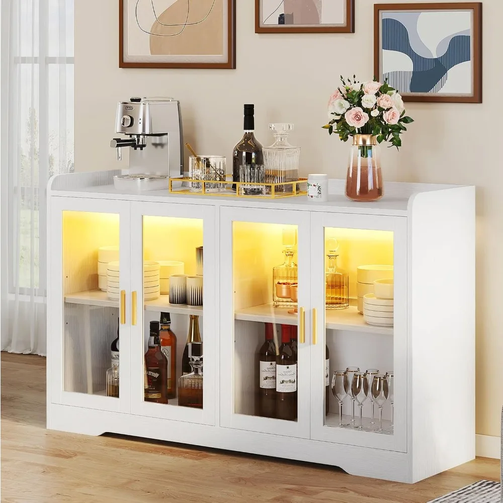 Home Bar Cabinet w/LED Light,  55'' Liquor Cabinet with 4 Doors,  Coffee Bar Cabinet with Adjustable Shelves