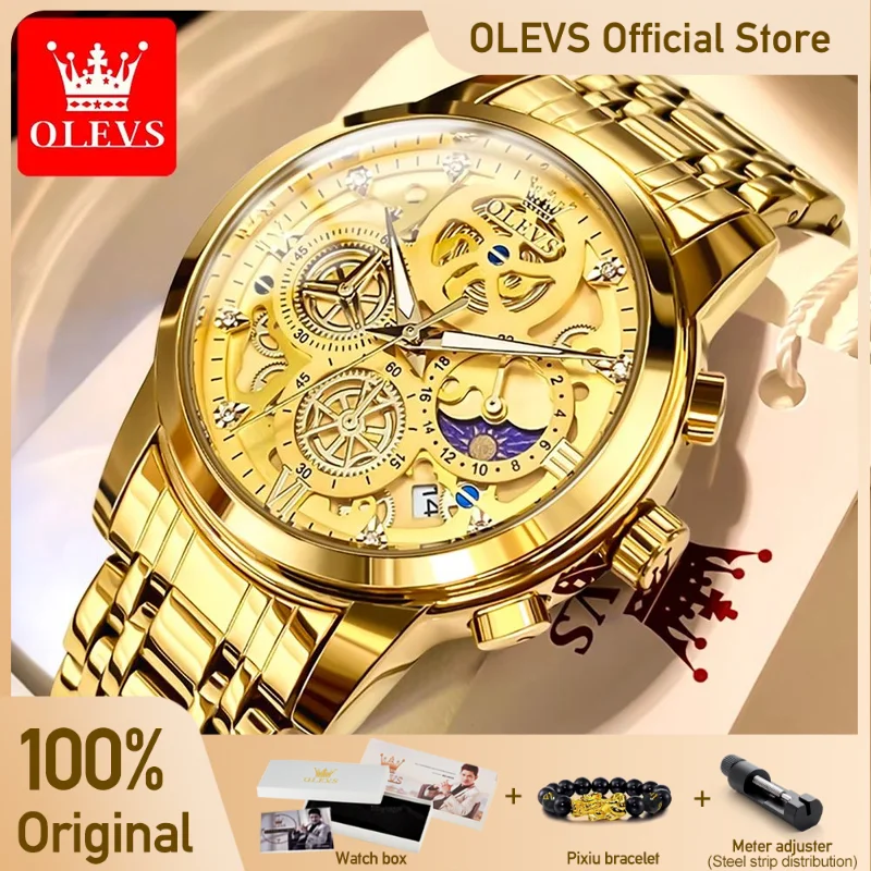 Relojes OLEVS para hombre, marca superior, reloj de cuarzo Original resistente al agua de lujo para hombre, estilo esqueleto dorado, 24 horas de día y noche, nuevo