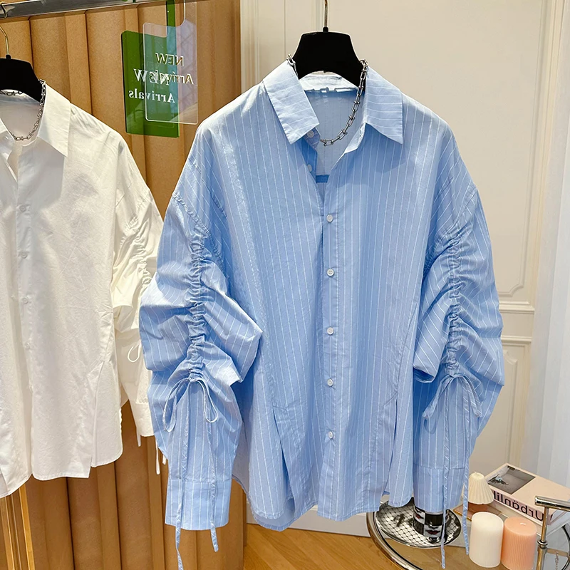 Doce blusa de manga comprida com gola virada para baixo para mulheres, camisas com cordão, novo design, tops de moda, 2024